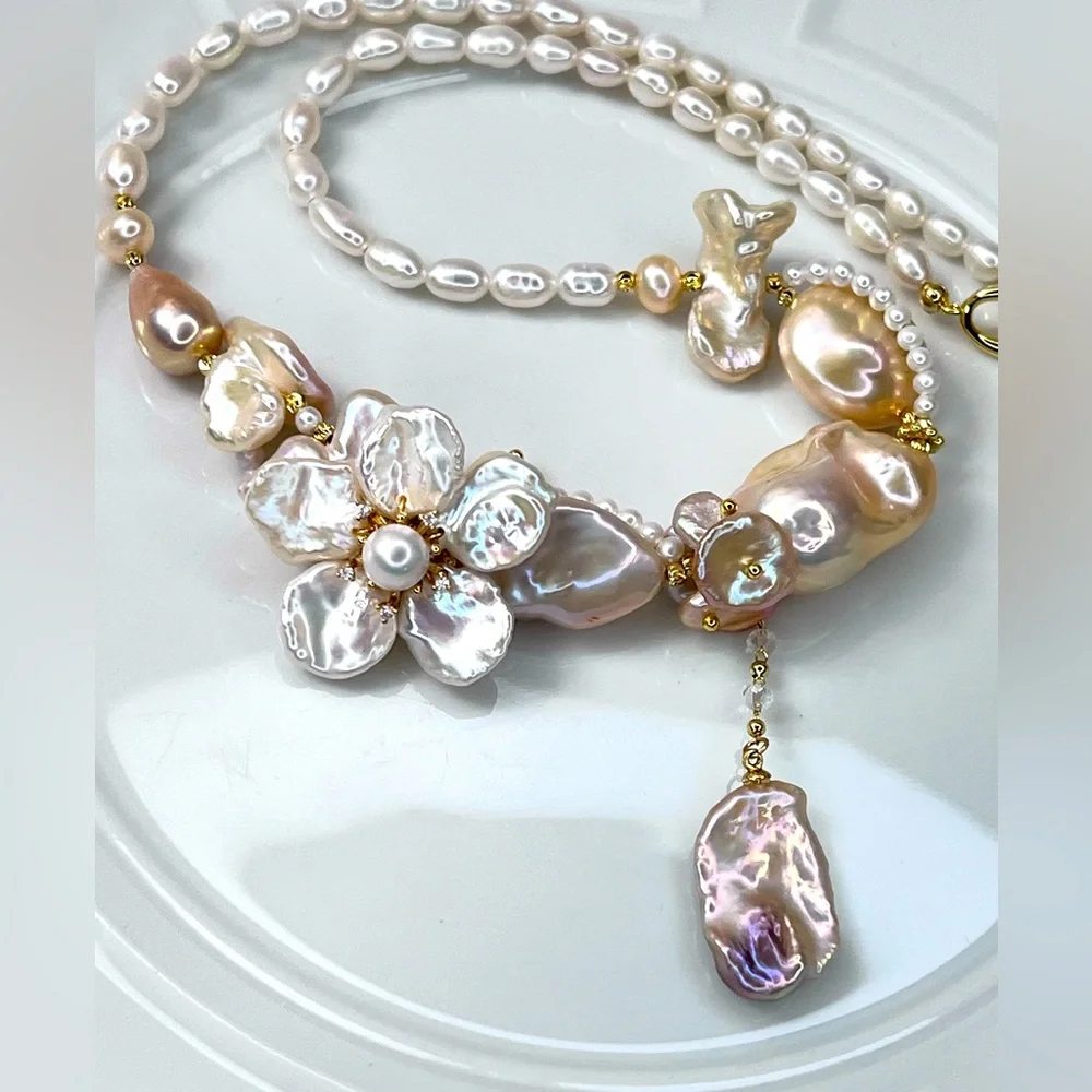 Handmade Premium Champagne Freshwater Keshi Pearl Flower 🌺 Braided Necklace - Picture 2 of 6